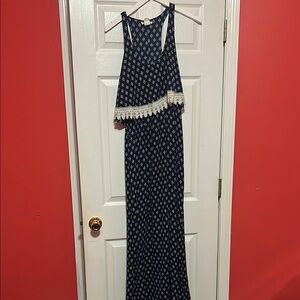Navy Blue Sleeveless Maxi Dress with Lace Trim